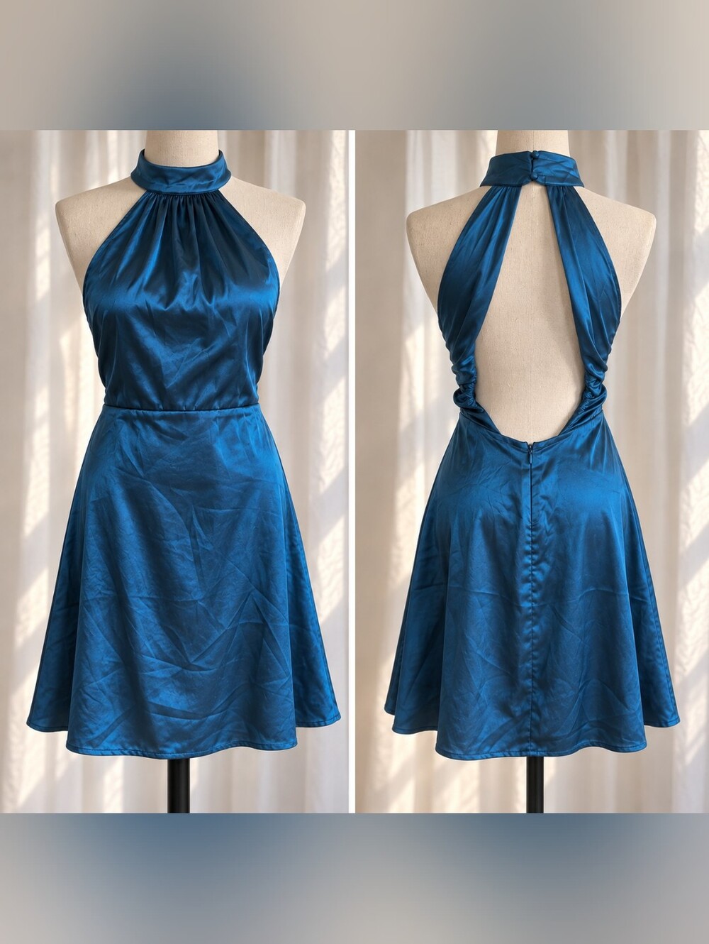 Open Back Teal Blue Satin Halter Midi Dress Size S